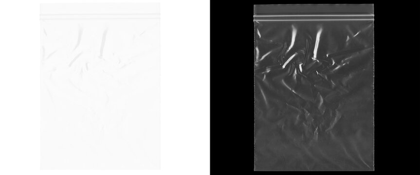 Transparent plastic zipper bag texture, wrinkled polyethylene pouch overlay, clear sealable poly bag mockup on black and white backgrounds
