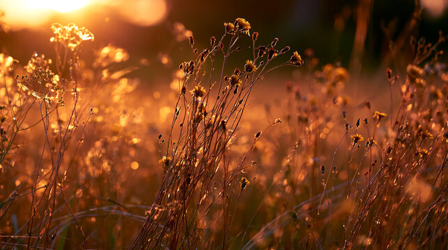 Summer Wildflower Field Glowing in Warm Sunset Light with Soft Bokeh