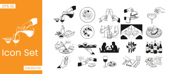 Fototapeta premium Wine Tasting and Luxury Dining Restaurant Icon Set featuring Premium Sommelier Service Champagne Toast Fine Hospitality and Bistro Catering Sketch Vectors