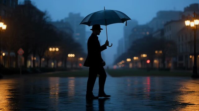 Solitary man walking with umbrella on wet city street at night with warm streetlights reflecting on rain-soaked pavement, evoking calm solitude and urban atmosphere video footage