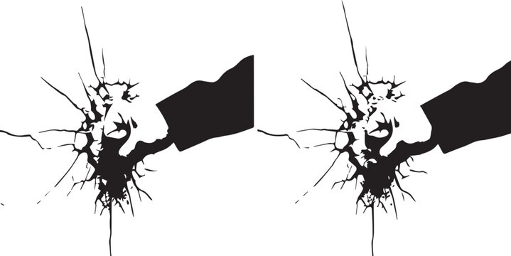 Broken glass texture with realistic cracks and splinters, shattered window effect vector, black and white impact hole graphic for design