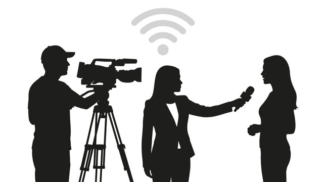 Professional vector illustration of a television news reporter interviewing a guest while a cameraman captures the live broadcast event with a tripod mounted camera and a wireless signal icon above.
