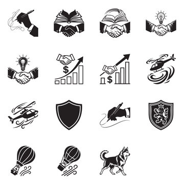 Black and white flat design vector icons depicting business, finance, security, and success concepts in minimalist style