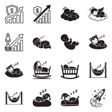 Black and white icons of sleeping babies and finance symbols
