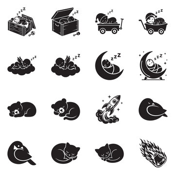 Collection of black and white icons depicting various objects and animals sleeping
