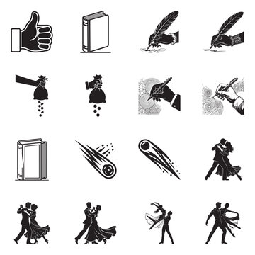 A collection of black silhouette icons on a white background