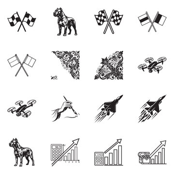 Collection of minimalist line drawings featuring animals, buildings, and geometric shapes in monochrome vector style