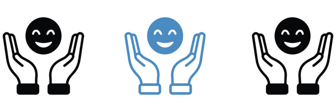 Hands with smiley symbol illustrating customer care support kindness positive experience satisfaction rating and trusted service commitment