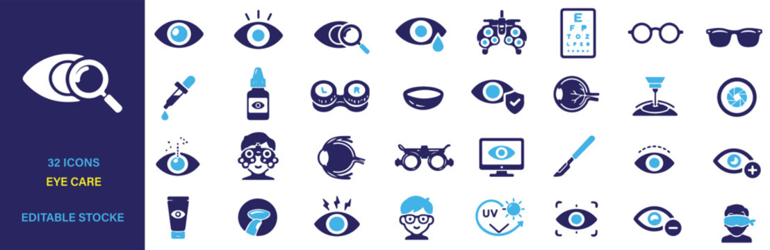 Eye Care Vector Outline Icons Set for Vision Health, Optometry and Ophthalmology Services