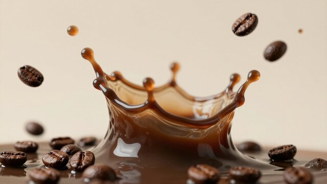 Dynamic coffee splash with roasted beans in mid-air on a beige background, conveying energy and freshness.