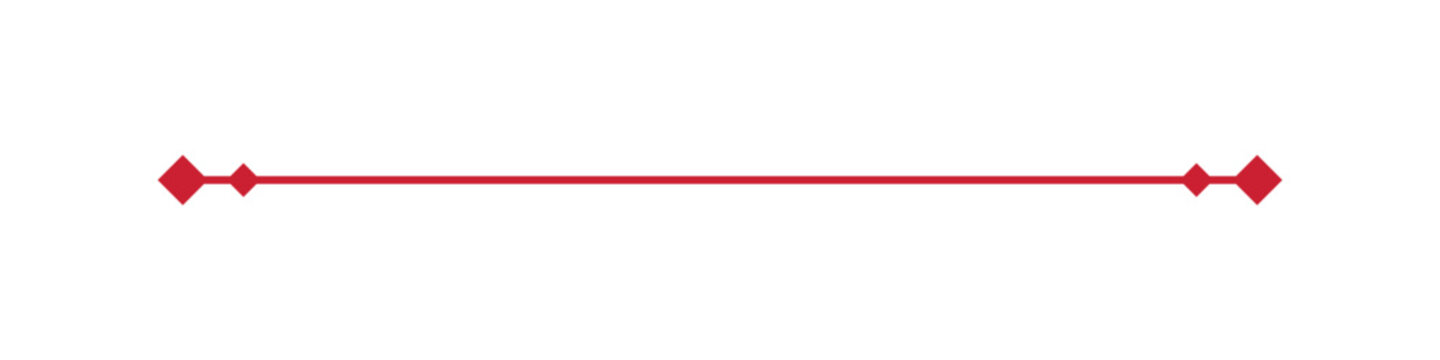 Horizontal red decorative divider line with diamond shaped ornaments on ends isolated on transparent background design.