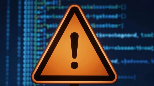 Glowing orange warning sign with exclamation mark in front of a blurred background of computer code, indicating a cyber security threat or system error.