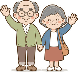 Obraz premium Happy elderly couple waving hands, senior man and woman together, smiling.