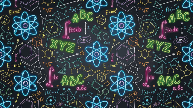 Seamless pattern with neon physics and math formulas.