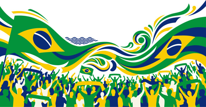 Brazilian soccer fans cheering with flags and scarves, vibrant illustration of a crowd celebrating a football match victory in brazil