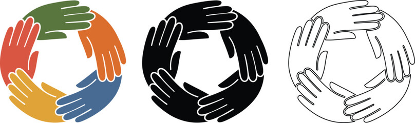 Obraz premium Circular arrangement of human hands reaching together in unity and community.