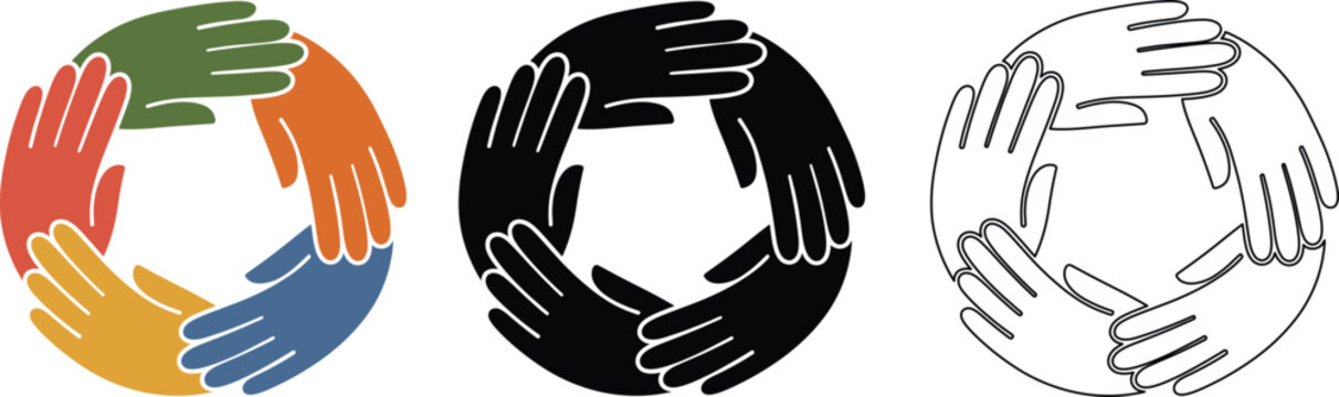 Circular arrangement of human hands reaching together in unity and community.