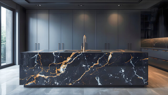 High-End Kitchen with Dark Navy Cabinets and a Bold Marble Island