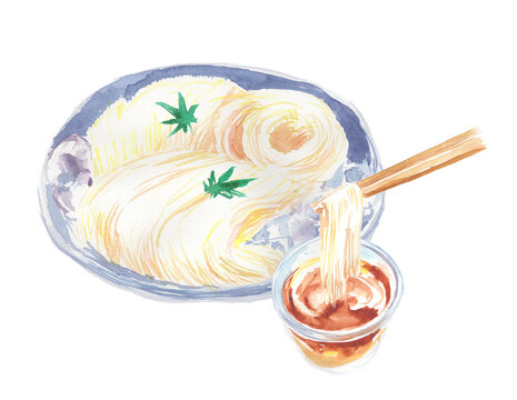 お箸ですくいあげたそうめんとめんつゆの水彩イラスト 