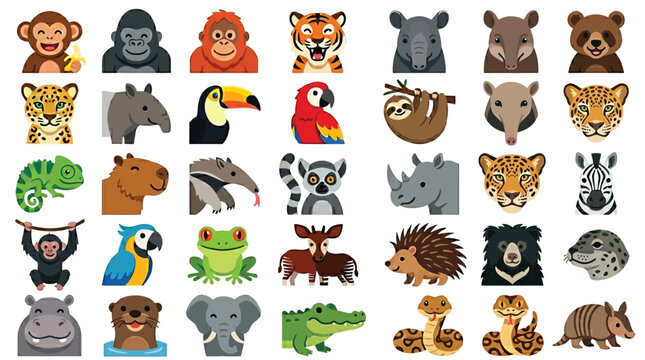 Set of animal head emoji icons for messaging, featuring expressive cartoon-style animal faces designed for chat apps, social media communication, and playful digital sticker use.