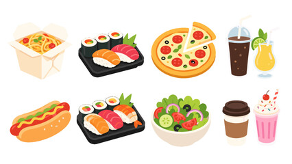 Set of fast food, sushi, pizza, drinks, and salad icons © Alan