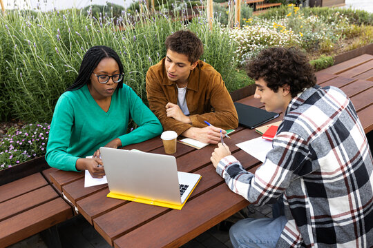 University students working on a project outdoors using laptop