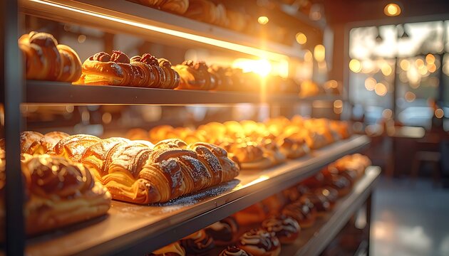 A warmly lit bakery display case filled with assorted pastries (8)