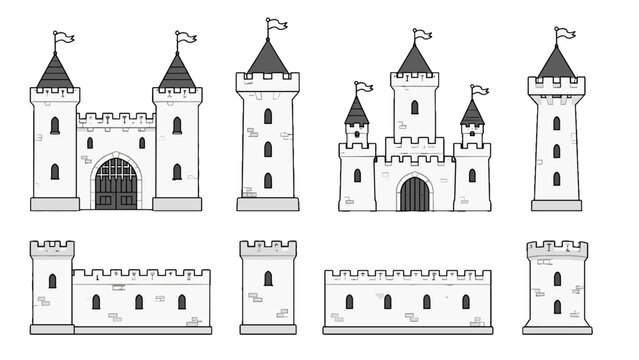 Set of medieval castle towers walls and gate vector elements
