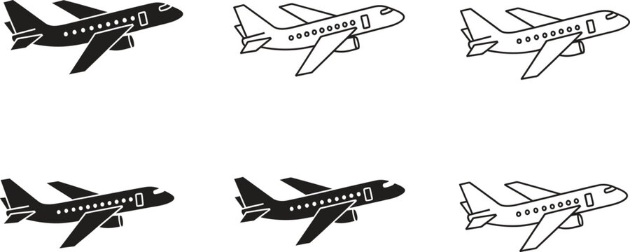 Collection of six airplane in black and white outline styles, showing side profiles of jets flying on a white background