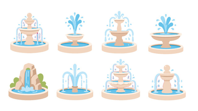 Set of decorative fountain icons in flat vector style
