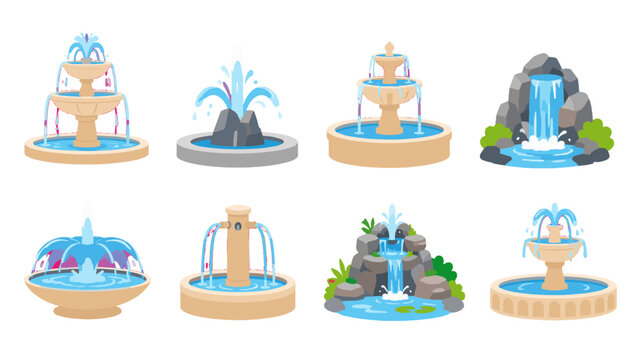 Set of decorative fountain and waterfall vector illustrations
