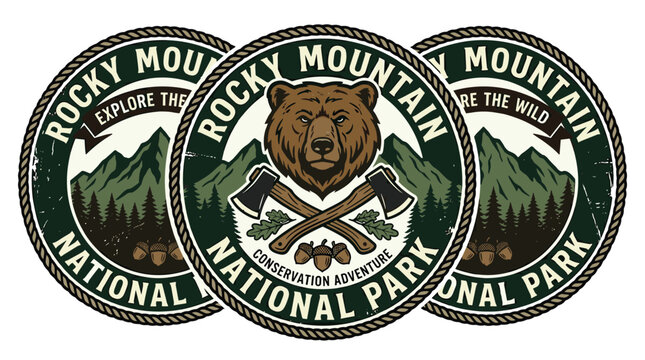 Rocky Mountain National Park bear and axe badges, designed for outdoor adventure branding, wilderness identity, and national park inspired emblem set.