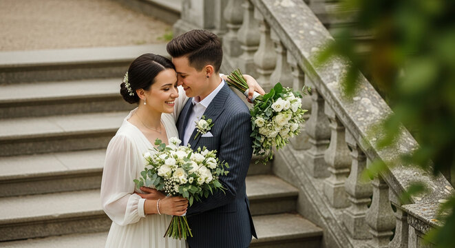 Couple embracing with wedding bouquets, symbolizing love and union on a grand stone staircase, representing a new beginning.