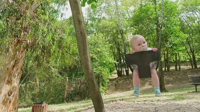 Baby with a pacifier on a swing in a park on a nice summer day. Adorable infant on a playground swinging on a swing on a warm summer day. Caucasian child enjoying his time outdoors on the playground