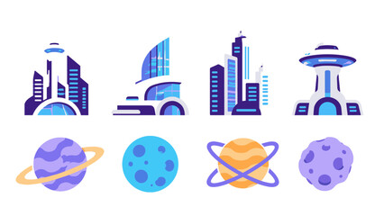 Futuristic city buildings and planet icons in flat vector style © Alan