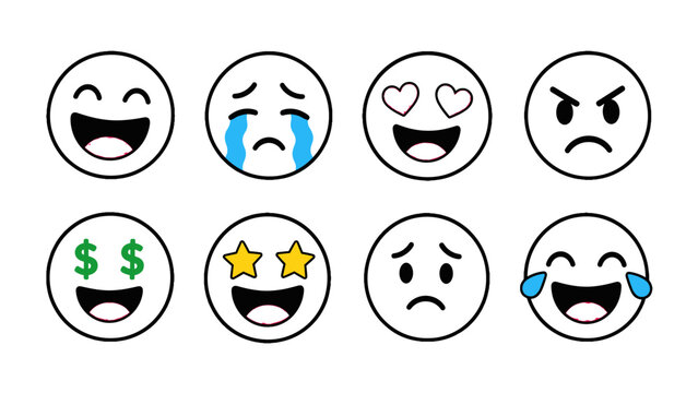 Set of hand drawn emoji faces with different expressions
