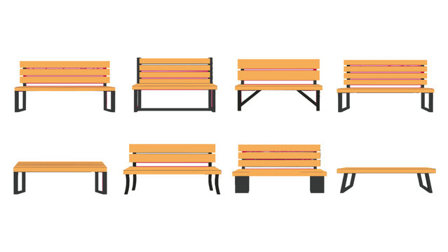 Set of wooden benches and tables in flat vector style