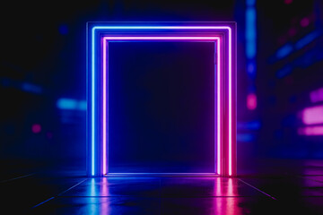 Fototapeta premium A glowing neon square frame emits blue and pink light, set in a dark, empty futuristic space with reflective flooring.
