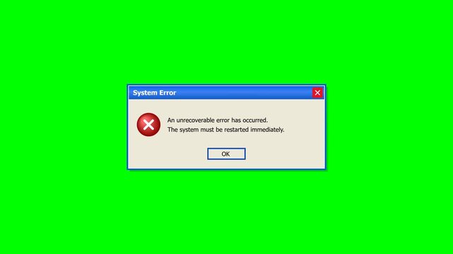 Animated System Error Notification Popup Window on Green Screen Background