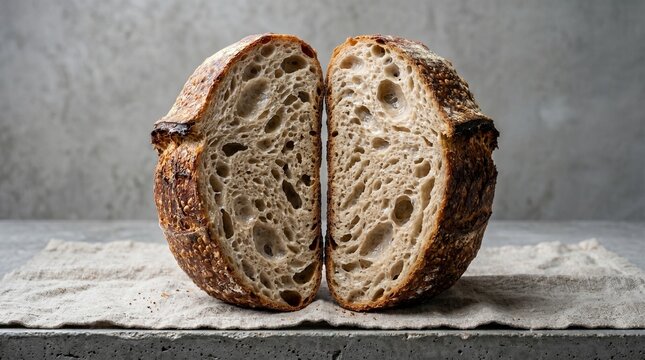 Freshly Baked Artisan Sourdough Bread Sliced in Half Showing Open Crumb on Linen