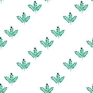Seamless pattern of green leaves, twigs, hand drawn watercolor on white background