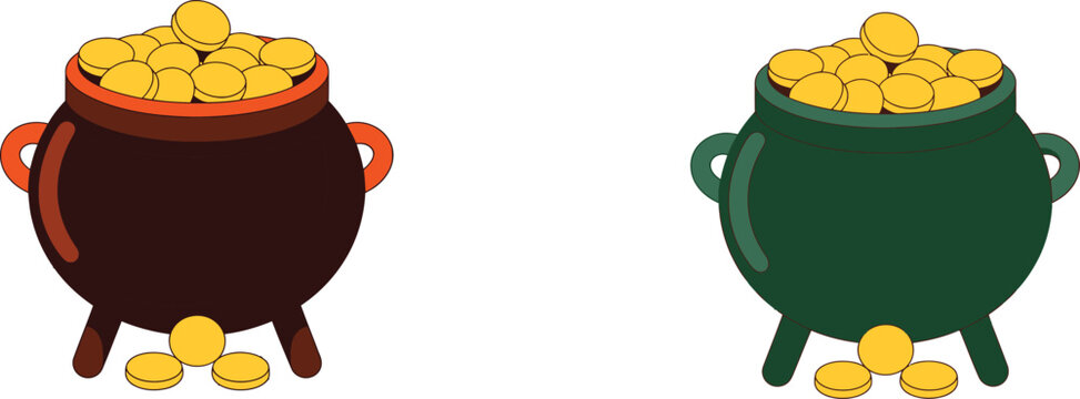Two pots filled with gold coins on white background