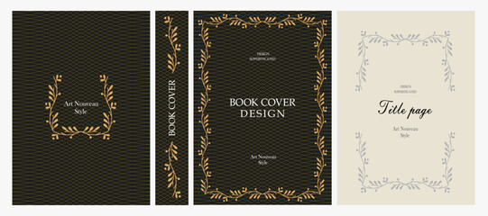 Naklejka premium Classic vintage book cover, title page, spine design with Art Deco, Baroque, Art Nouveau and Victorian ornaments. Elegant decorative frame, retro style for publications, posters and artistic layouts.