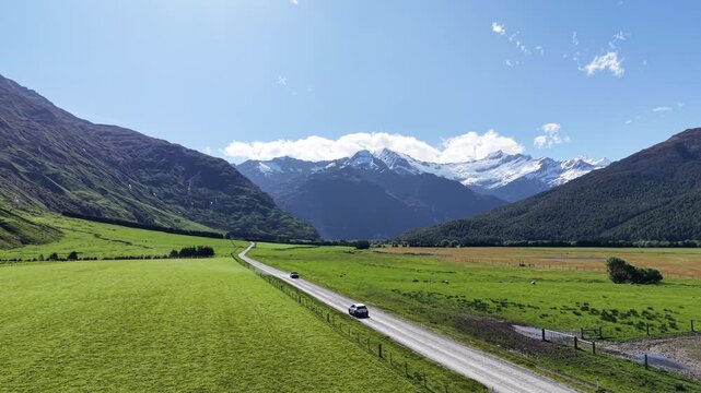 Aerial View of Road to Rob Roy Glacier Through Mount Aspiring Valley New Zealand