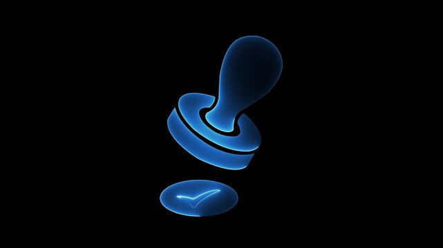 Neon blue glowing rubber stamp animation pressing a checkmark on black, quality assurance, business approval, verification, or document certification