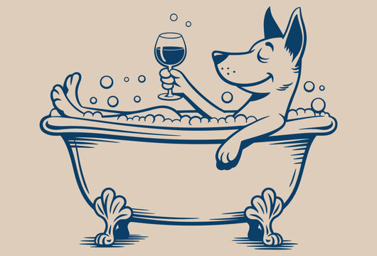 A dog relaxes in a bubble bath holding a glass of wine in its paw on a beige background