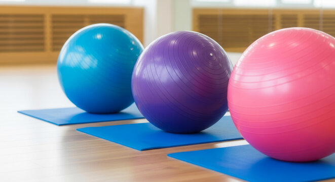 Three colorful yoga balls in a row on blue exercise mats in a fitness studio, fitness training and wellness exercise