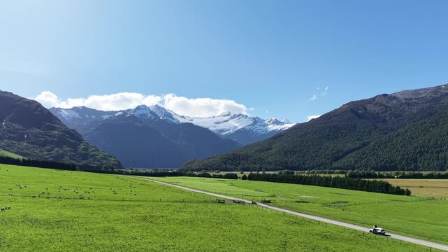 Aerial View of Road to Rob Roy Glacier Through Mount Aspiring Valley New Zealand