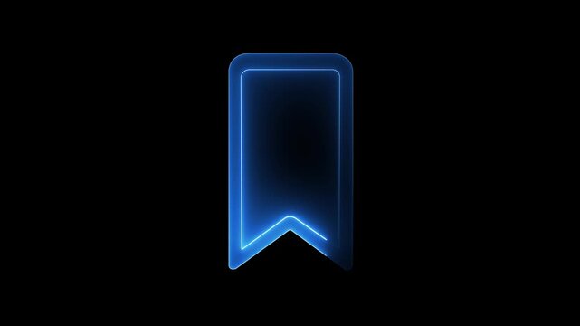 Glowing blue neon bookmark line animation on a dark black background, web navigation, digital reading, favorite content, or information storage.