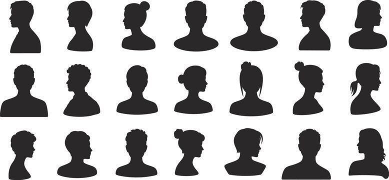 silhouette profile set black head shapes varied hairstyles icons